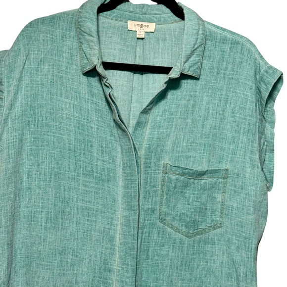 Umgee Linen Cotton Raw Fringe Hem Split Back Button Front Teal Lagenlook Blouse - Picture 2 of 11